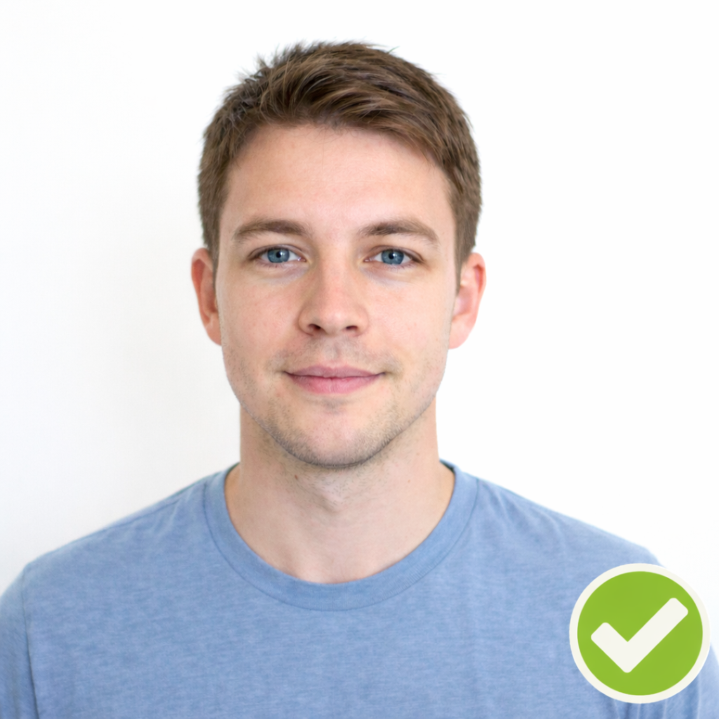 A properly lit passport-style portrait showing even facial lighting, natural skin tone, and a plain white background. The image includes a green checkmark in a circle to indicate correct passport photo lighting and compliance with official photo requirements.