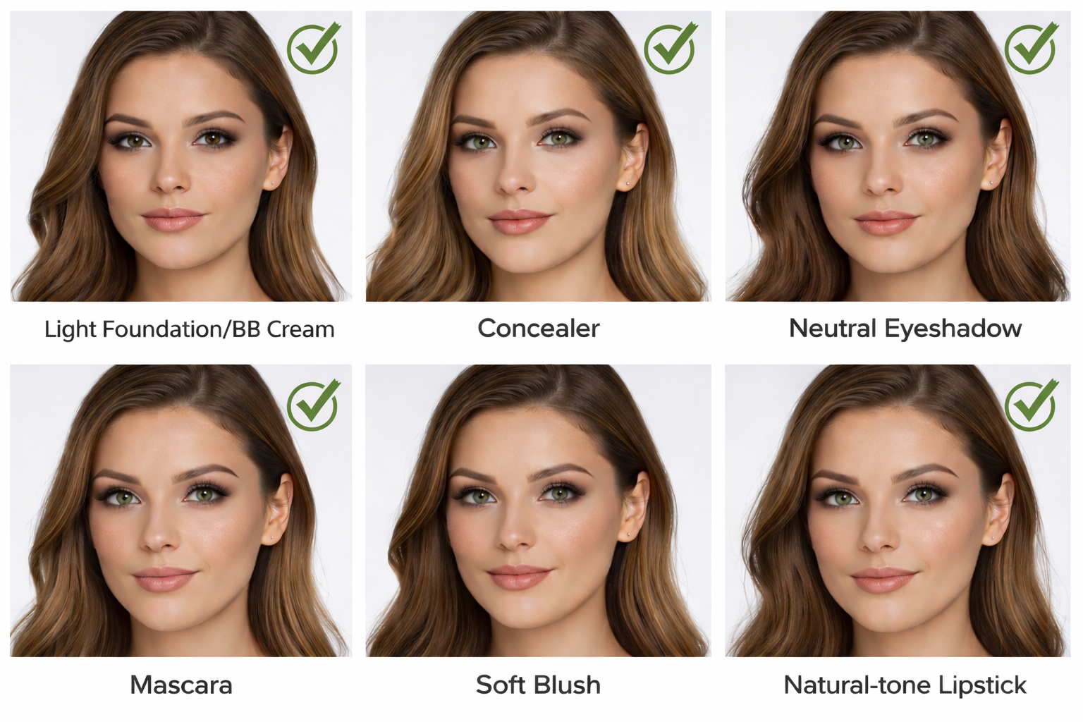 Makeup that is allowed in passport photos, including light foundation, concealer, neutral eyeshadow, mascara, soft blush, and natural-tone lipstick.