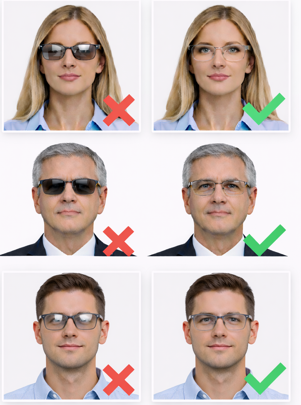 Comparison of correct and incorrect passport photos showing why eyeglasses are not allowed, including glare, tinted lenses, and unobstructed eye visibility requirements.
