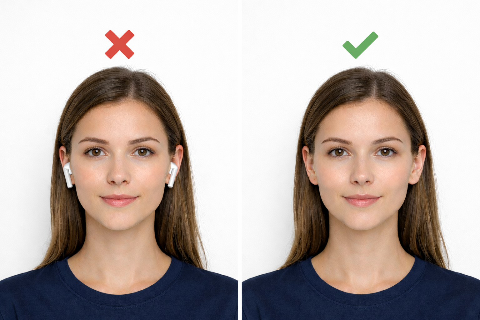 Side-by-side comparison showing an incorrect U.S. passport photo with AirPods (rejected) and a correct passport photo with ears visible and no earbuds. Demonstrates U.S. Department of State passport photo rules.