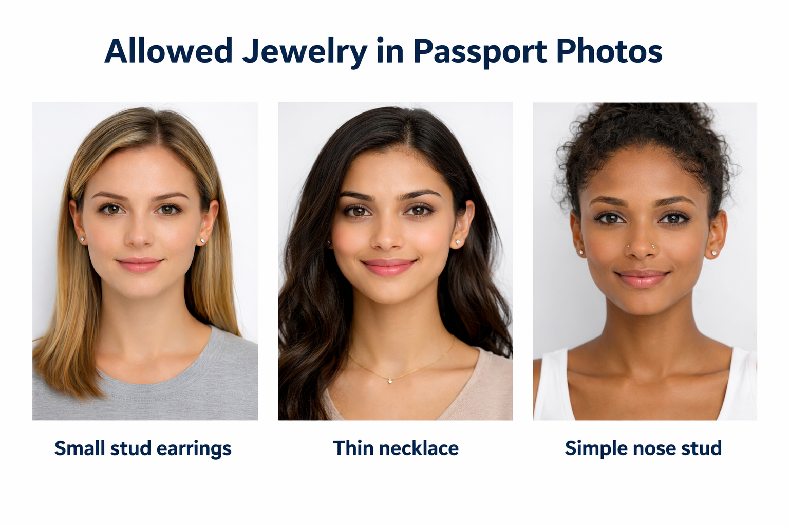 Passport-style photo examples showing small stud earrings, a thin necklace, and a simple nose stud that are allowed in passport photos under biometric rules.