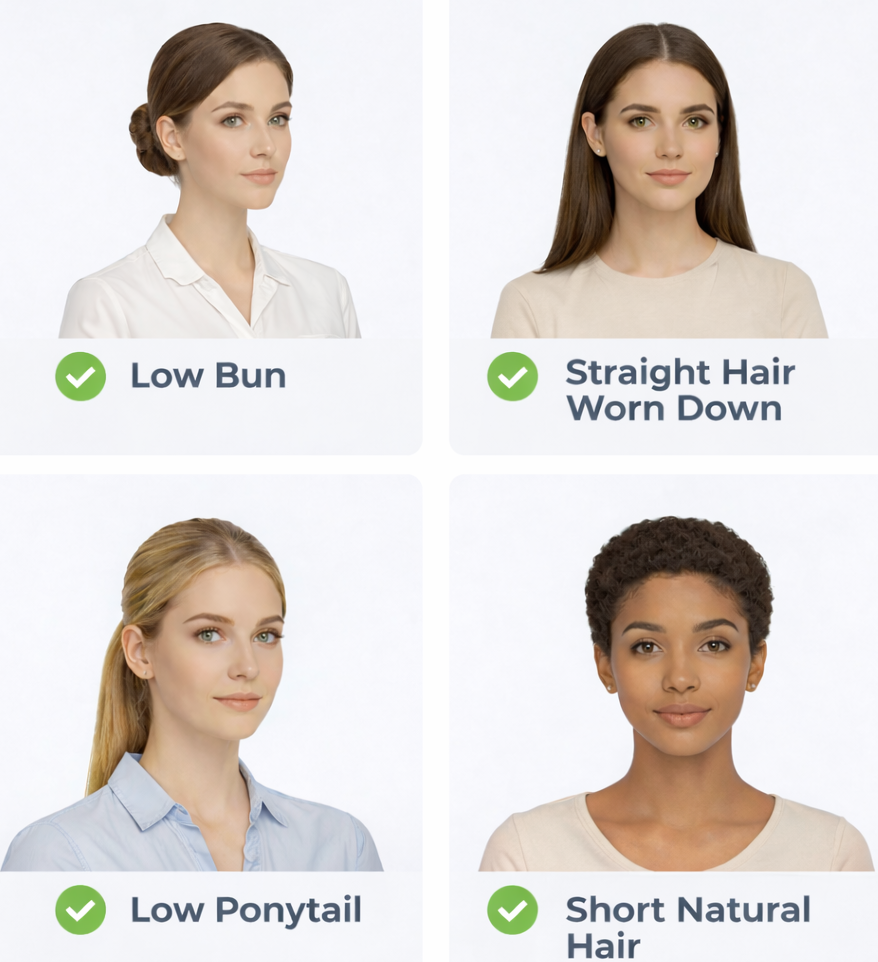 Infographic showing approved passport photo hairstyles for 2026, including low bun, straight hair worn down, low ponytail, and short natural hair, each marked with a green check for acceptance.