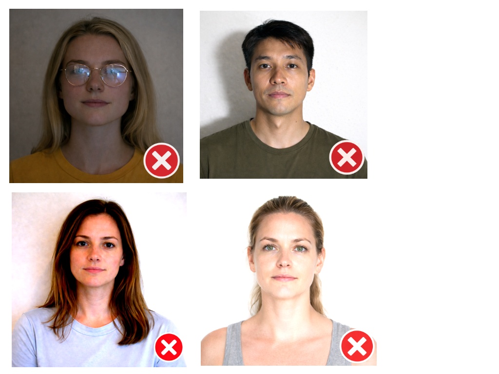 example. Demonstrates common lighting mistakes to avoid when taking passport photos at home.