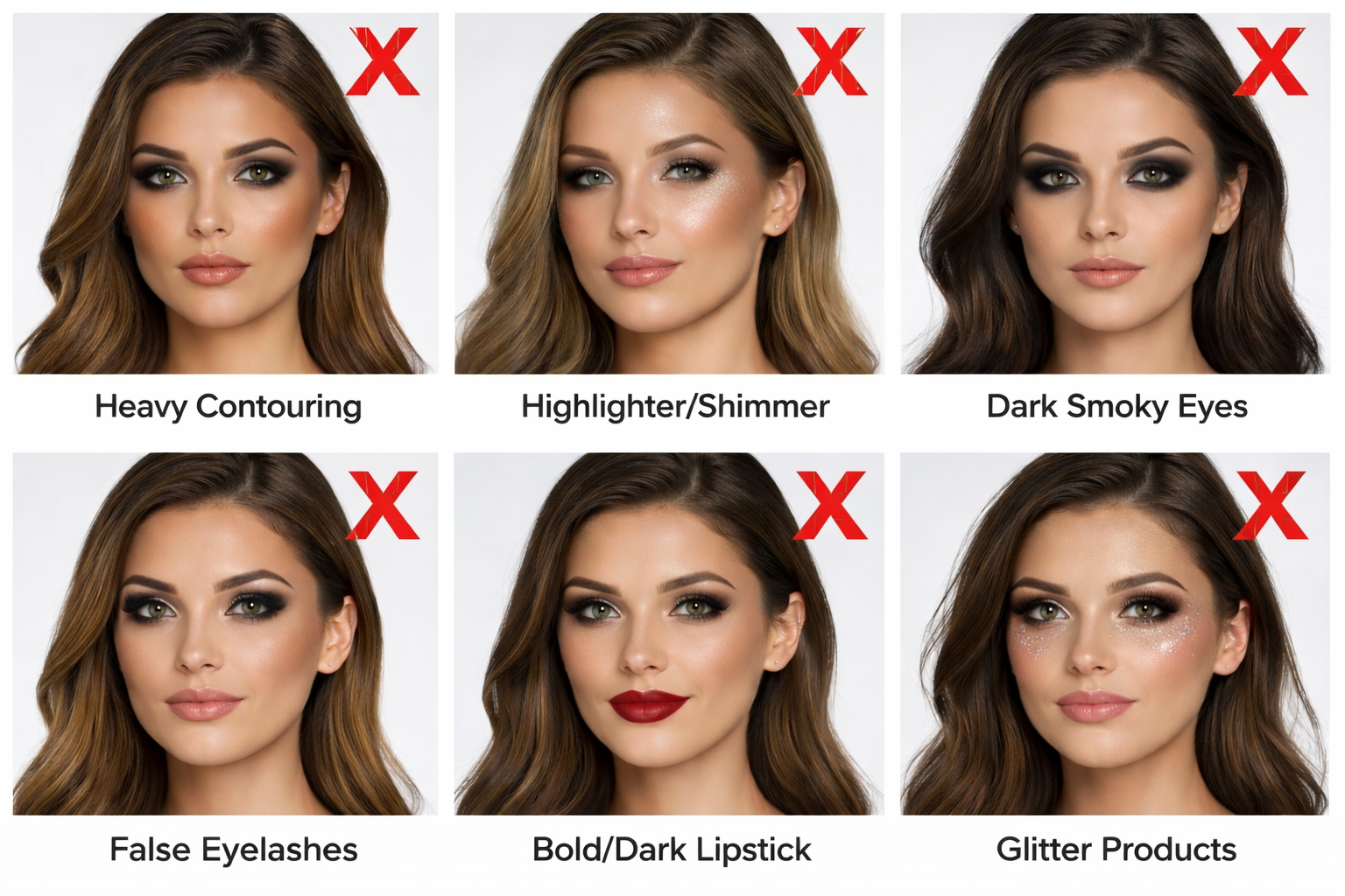 Makeup styles not allowed in passport photos showing heavy contouring, dark smoky eyes, bold lipstick, false lashes and glitter makeup.