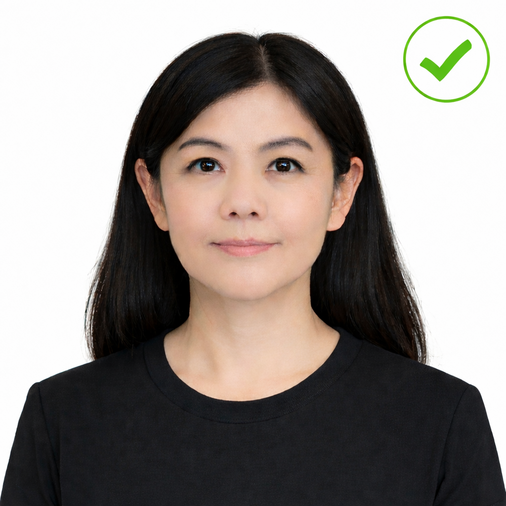 A compliant passport photo taken against a plain white background showing correct lighting, no shadows, and proper clothing contrast that meets official biometric passport photo requirements.