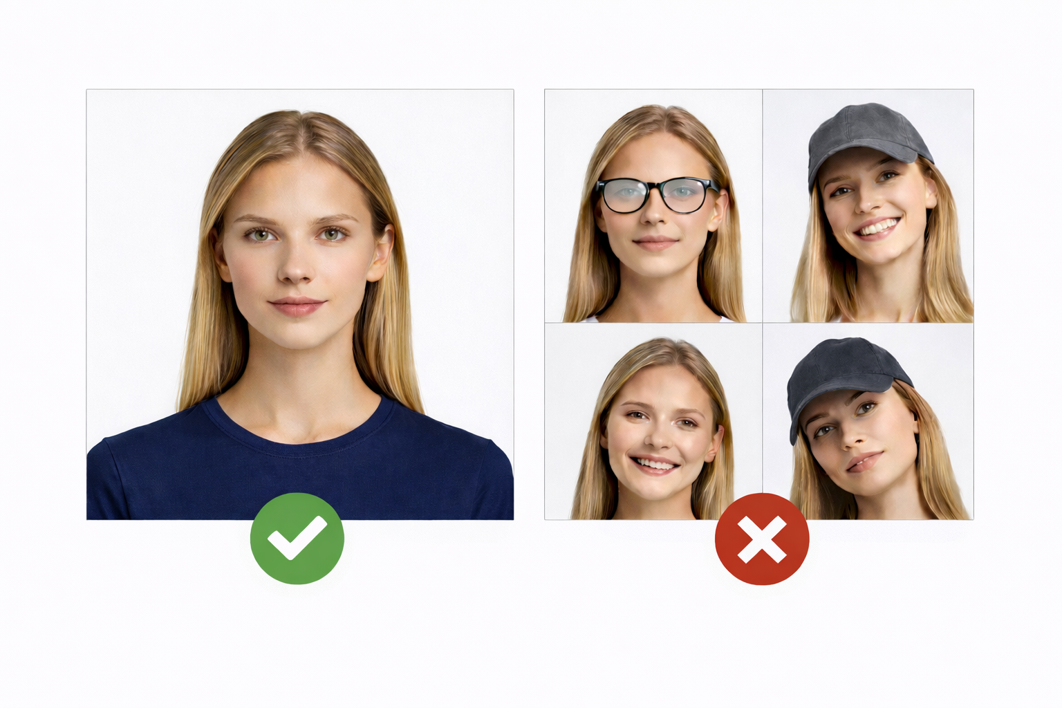 Comparison of a correct passport photo and rejected photo examples showing common mistakes like glasses glare, smiling, hats, and head tilt.