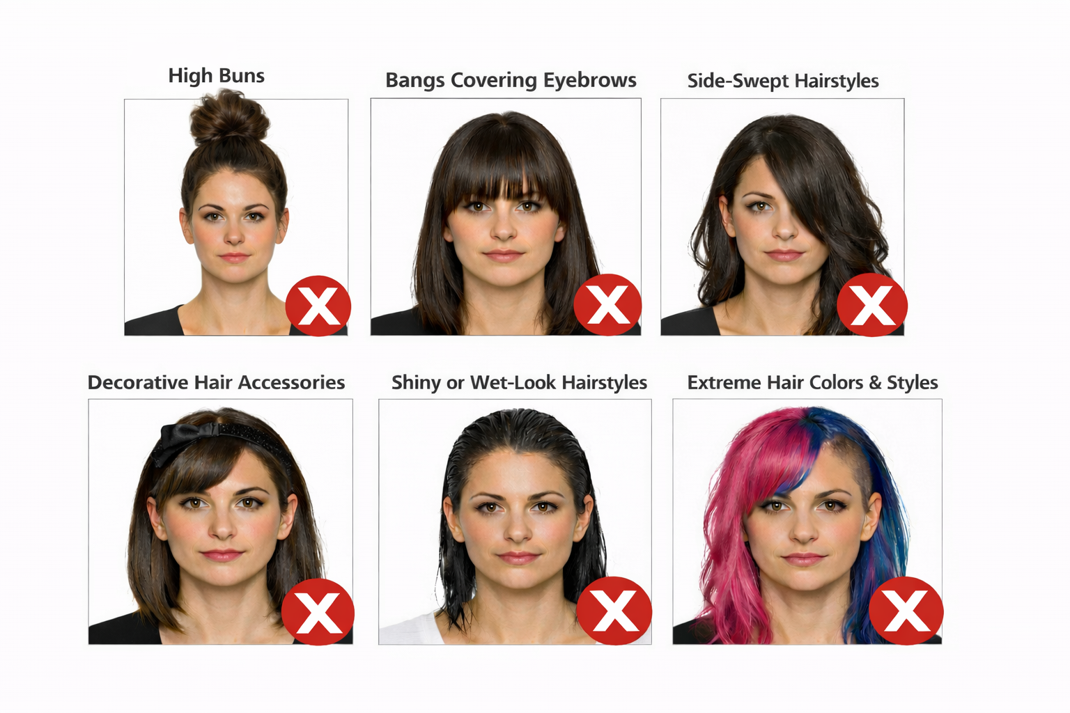 Grid of six passport-style photos showing hairstyles that cause passport photo rejection, including high buns, bangs covering eyebrows,  side-swept hair, decorative accessories, wet-look styles, and extreme hair colors