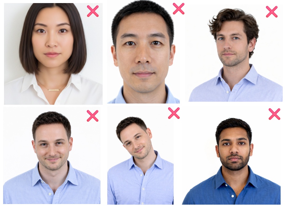 Image demonstrating an incorrect passport photo with head tilted, which may cause rejection