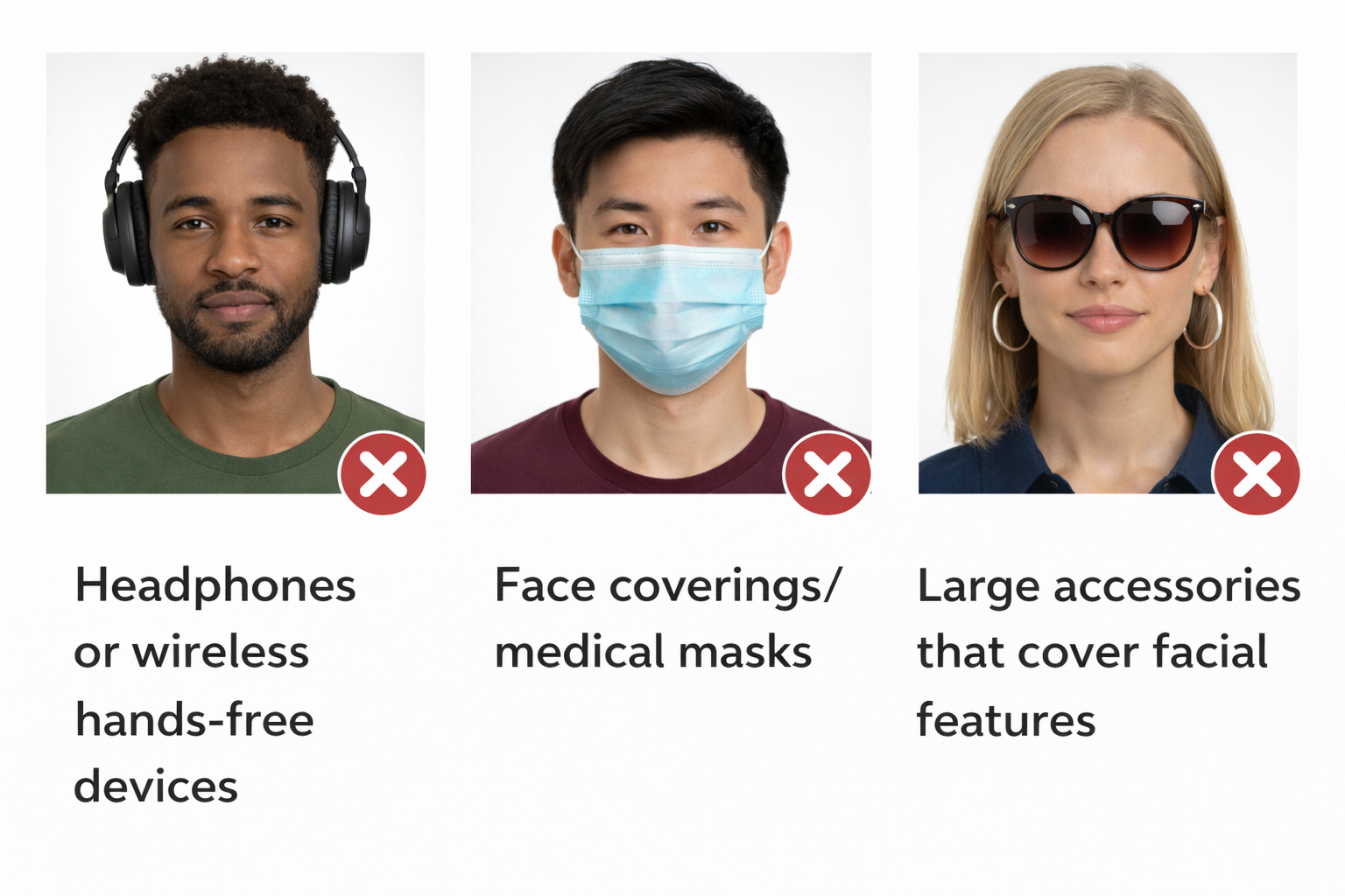 Passport photo items not allowed &ndash; headphones, masks, sunglasses