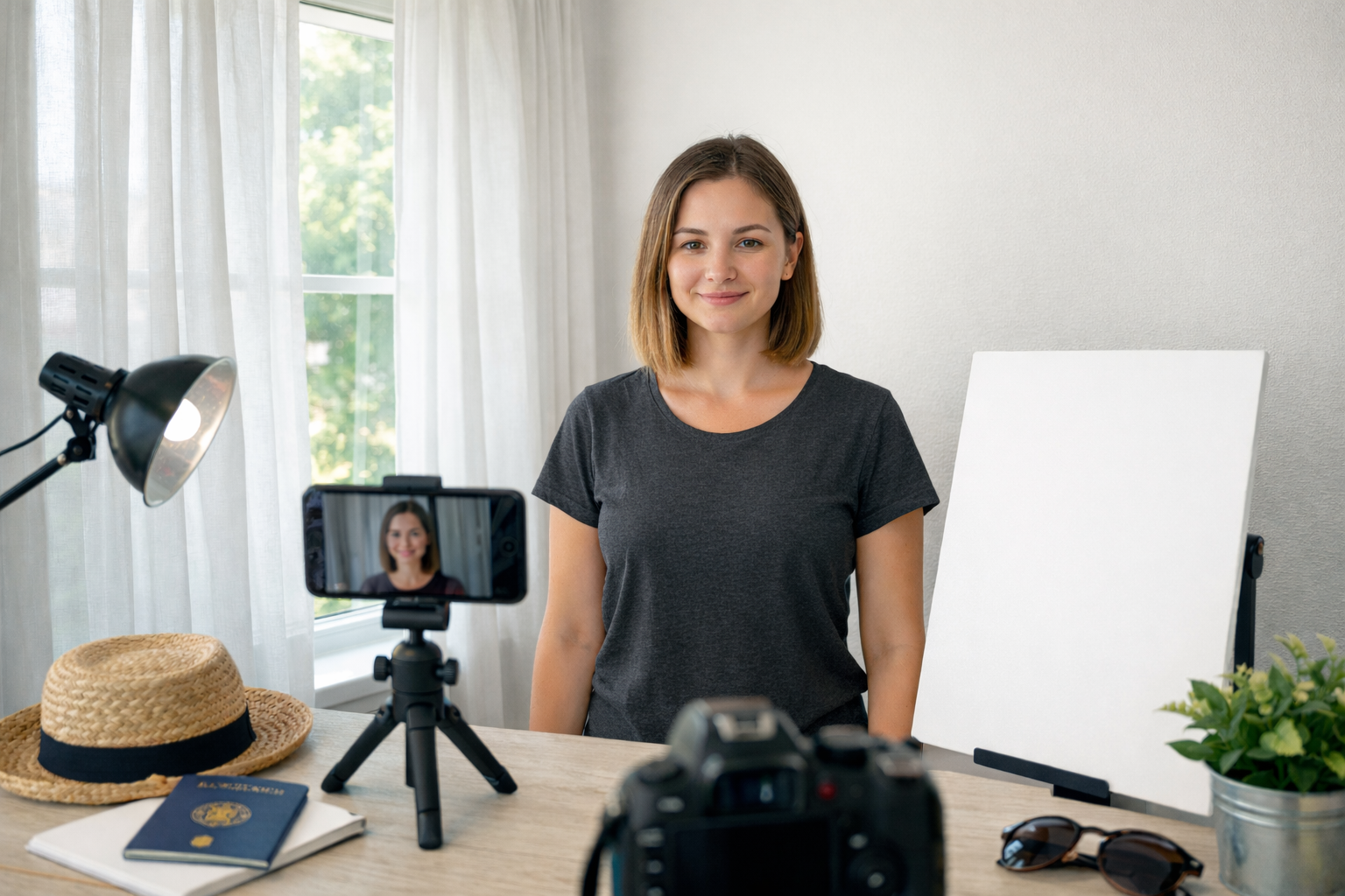 Woman taking a passport photo at home using natural window light, white background, reflector board, and smartphone on tripod for correct passport photo lighting