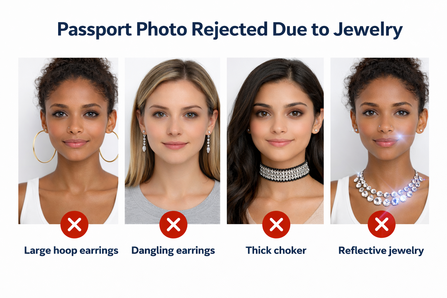 Examples of passport photos rejected because of large hoop earrings, dangling earrings, thick chokers, and reflective jewelry that block facial features or cause glare.