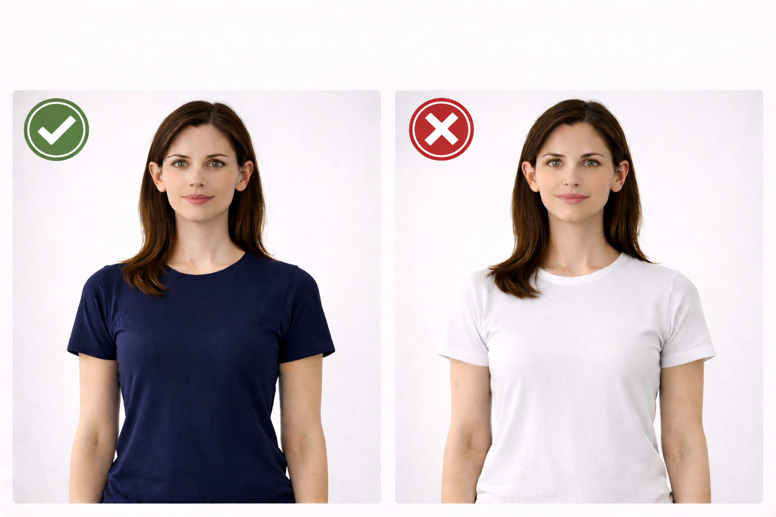 Side-by-side comparison showing correct and incorrect clothing for a U.S. passport photo at home, with a dark shirt on a white background versus a white shirt on a white background.