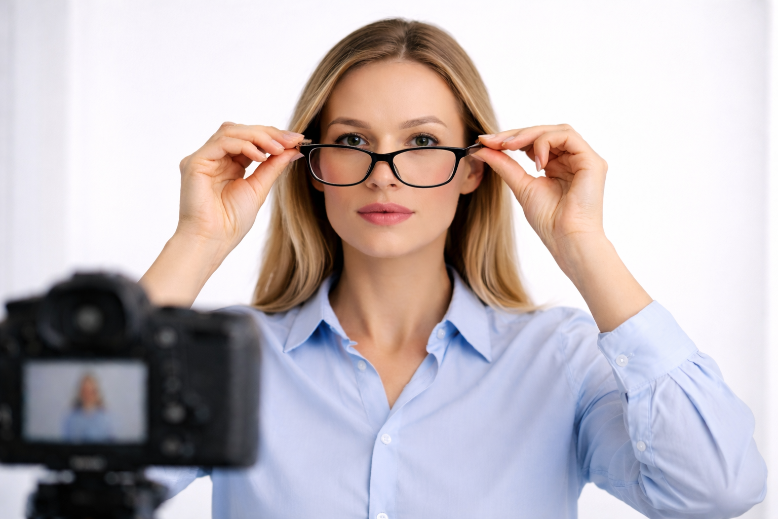 A person removing eyeglasses in front of a white background while preparing to take an official passport photo, following international passport photo requirements.