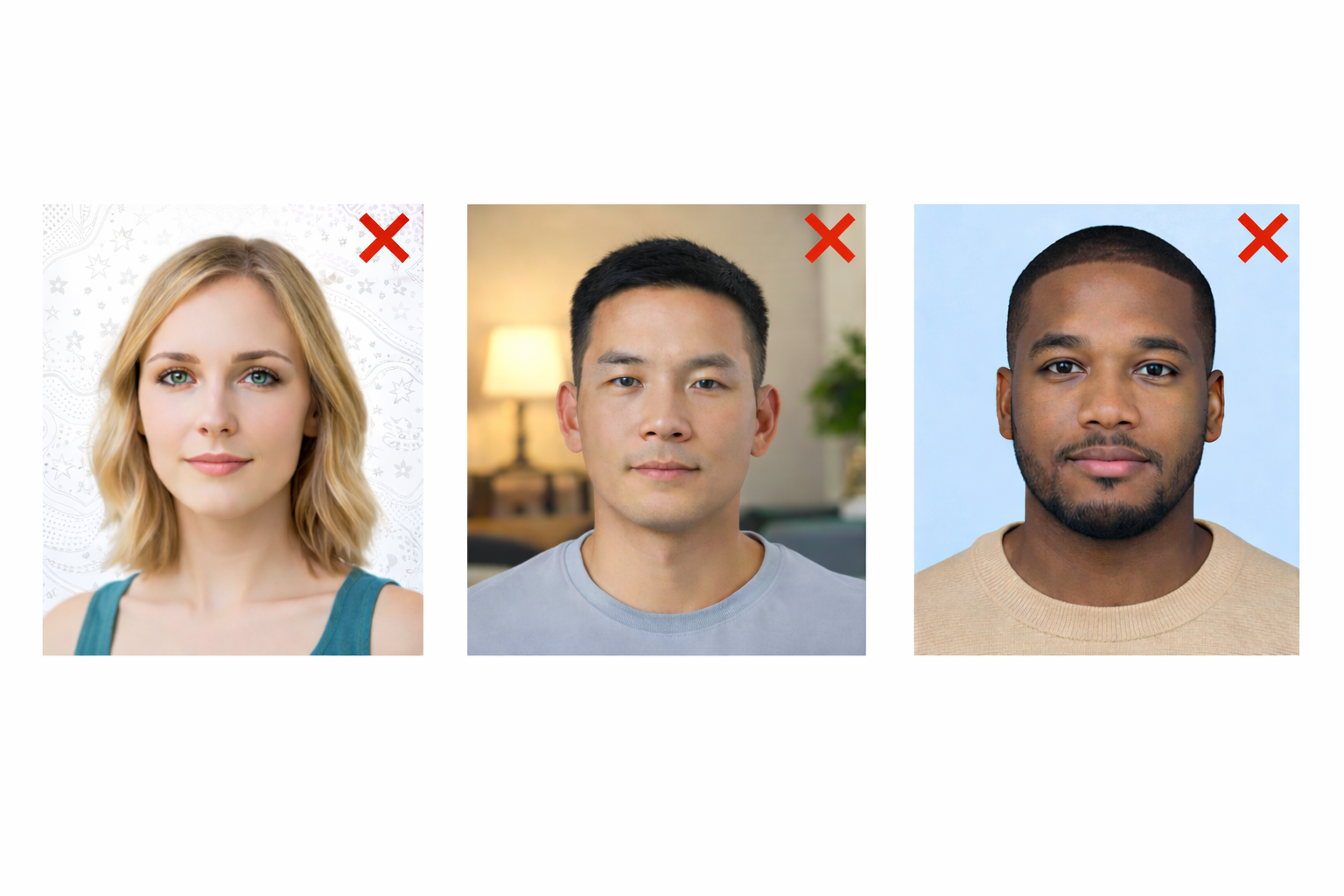 Three passport photo examples showing incorrect backgrounds including patterned wallpaper, indoor room settings, and colored blue backgrounds that do not meet official passport photo background requirements.