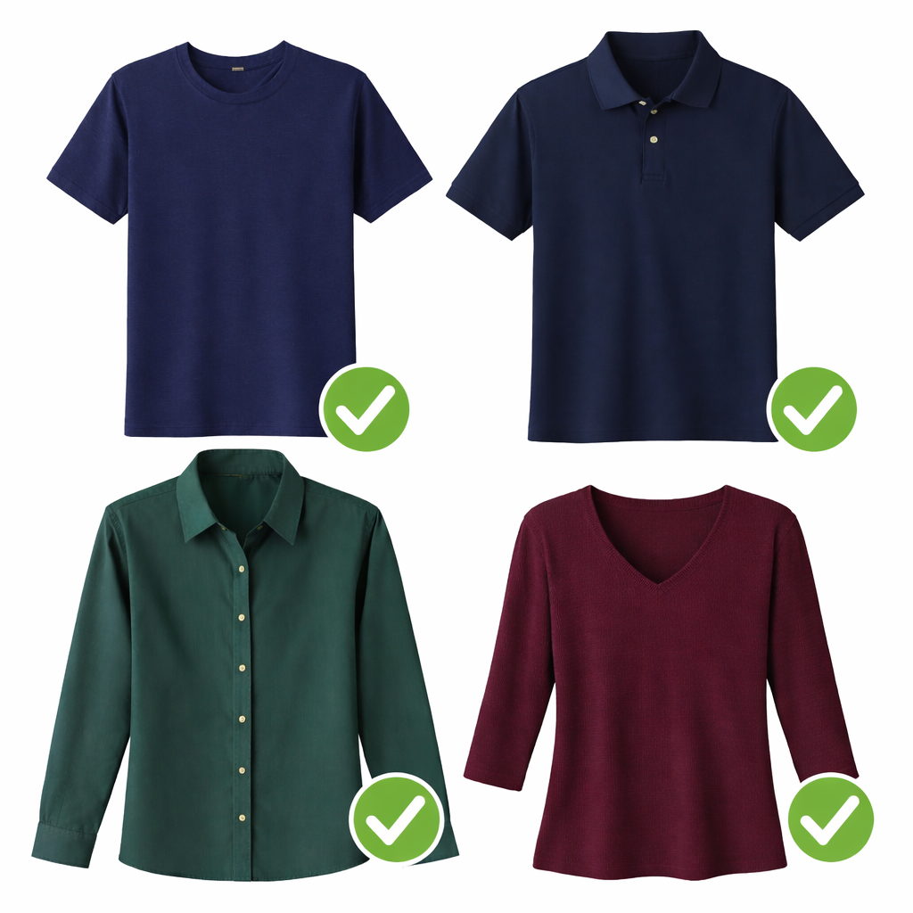 Approved passport photo clothing examples showing solid-color navy t-shirt, dark polo shirt, button-down shirt, and long-sleeve V-neck top with no patterns or logos